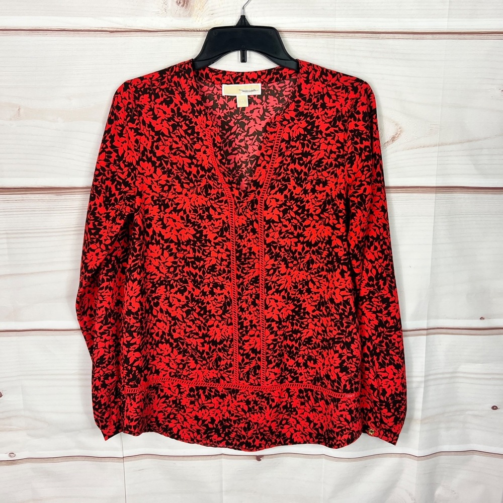 Michael Kors Top Women XS Orange Brown Floral Blouse V-Neck Pullover Long Sleeve